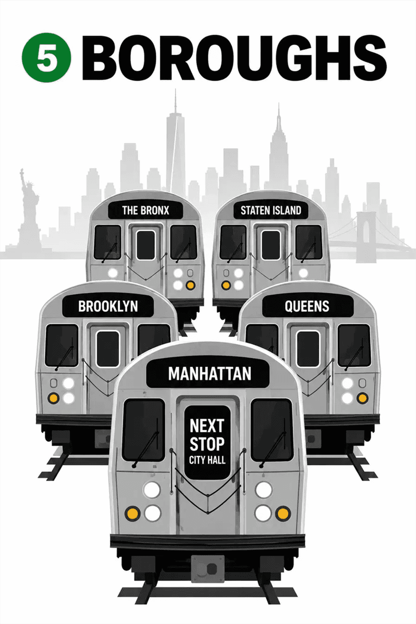 5 BOROUGHS key art — five subway trains, next stop City Hall